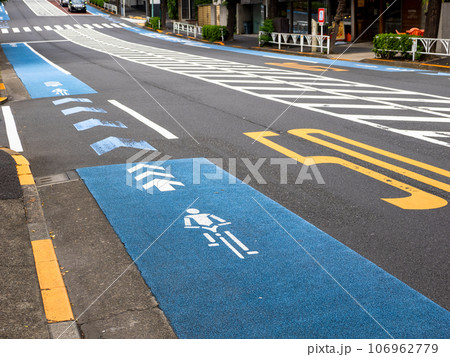 路面に青い帯で塗装された「普通自転車専用通行帯」 106962779