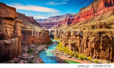Canyon with steep cliffs, winding rivers, and layers of colorful rock formations 106963156