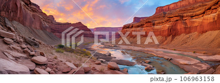 Canyon with steep cliffs, winding rivers, and layers of colorful rock formations 106963158