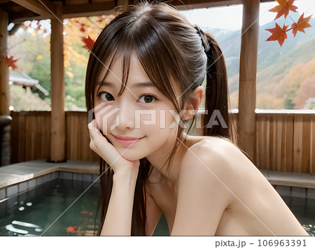美少女　露天風呂 AI画像 温泉の露天風呂に入浴中の若い女性のイラスト素材 ...