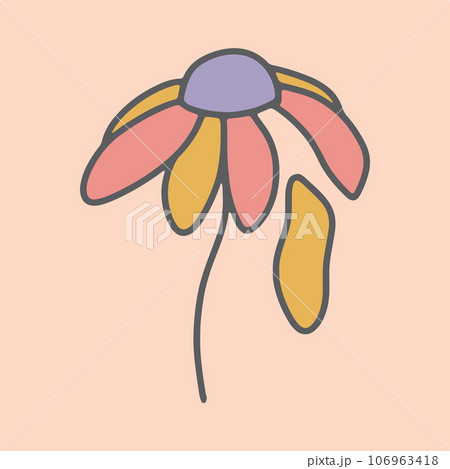 Groovy flower vector illustration. Hand drawn cute daisy with falling petal in simple vintage style. Trendy nostalgic floral design on muted pink background. Retro boho 70s vibes doodle graphic 106963418