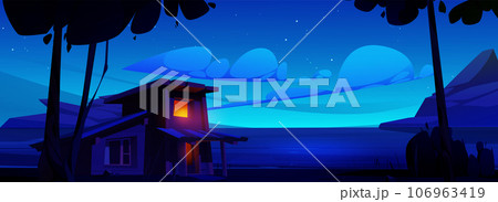 Wooden cabin near lake or river with mountain 106963419