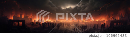 Apocalypse fantasy scene with group of zombie walking. Halloween concept background Apocalypse fantasy scene with group of zombie walking. Halloween concept background 106963488