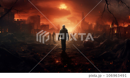 Apocalypse fantasy scene with group of zombie walking. Halloween concept background Apocalypse fantasy scene with group of zombie walking. Halloween concept background 106963491
