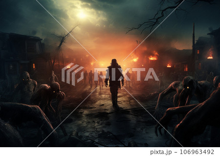 Apocalypse fantasy scene with group of zombie walking. Halloween concept background Apocalypse fantasy scene with group of zombie walking. Halloween concept background 106963492