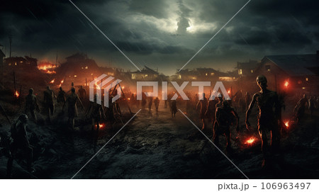 Apocalypse fantasy scene with group of zombie walking. Halloween concept background Apocalypse fantasy scene with group of zombie walking. Halloween concept background 106963497