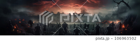 Apocalypse fantasy scene with group of zombie walking. Halloween concept background 106963502