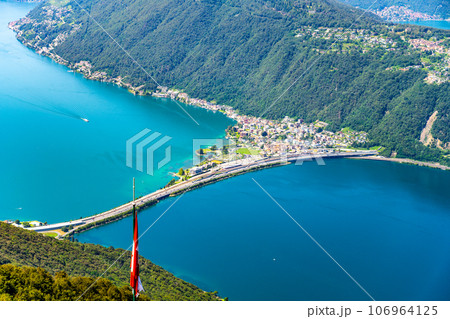 Lugano Lake, Italian: Lago di Lugano. Lookout from Balcony of Italy on Mount Sighignola. Italy and Switzerland Lugano Lake, Italian: Lago di Lugano. Lookout from Balcony of Italy on Mount Sighignola. Italy and Switzerland 106964125