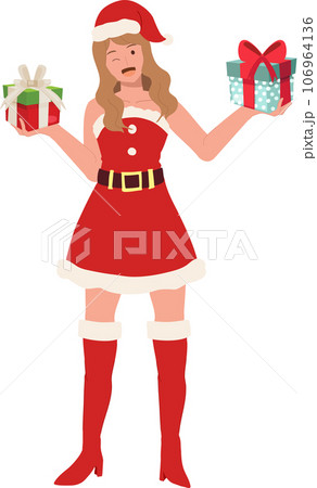 Smiling Young Woman in Santa Claus Costume. Beautiful Girl in Santa Claus Outfit.  Festive Holiday Illustration. 106964136