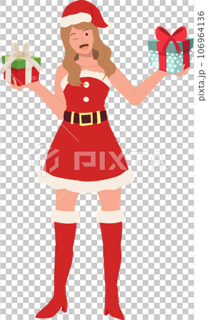 Smiling Young Woman in Santa Claus Costume. Beautiful Girl in Santa Claus Outfit.  Festive Holiday Illustration. 106964136