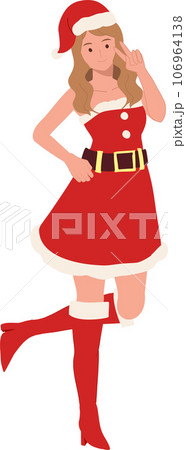 Smiling Young Woman in Santa Claus Costume. Beautiful Girl in Santa Claus Outfit.  Festive Holiday Illustration. 106964138