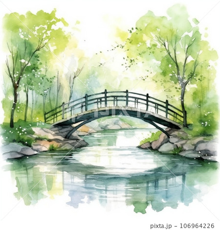 新緑の森に架かる橋の水彩イラスト AI画像のイラスト素材 [106964226