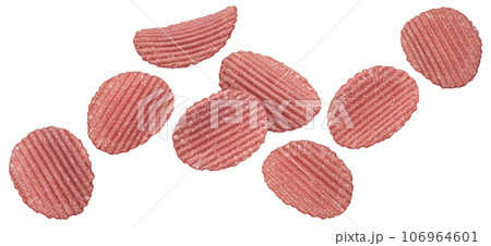 Falling red ridged beetroot chips isolated on white background Falling red ridged beetroot chips isolated on white background 106964601