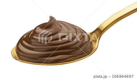 Hazelnut cream in spoon isolated on white background, full depth of field 106964697