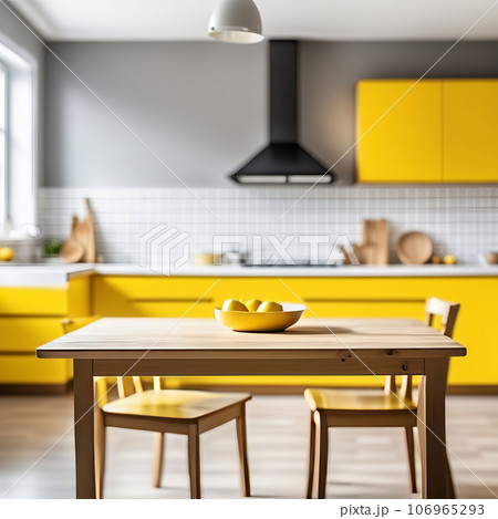 Kitchen table with fruits and blurred kitchen background Kitchen table with fruits and blurred kitchen background 106965293