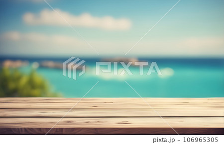 Empty wooden table, blurred summer sea background with copy space for your product Empty wooden table, blurred summer sea background with copy space for your product 106965305