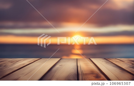 Empty wooden table, blurred summer sea sunset background with copy space for your product Empty wooden table, blurred summer sea sunset background with copy space for your product 106965307