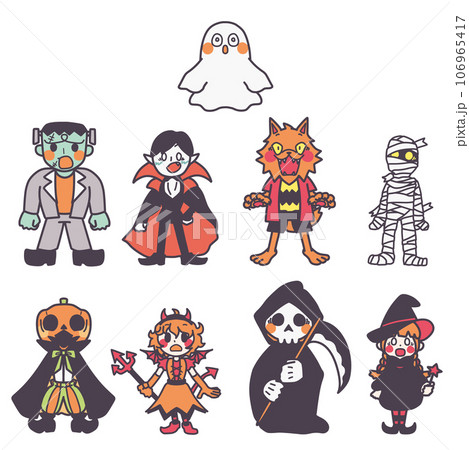 ハロウィンをイメージしたいろんなモンスターのイラストセット(驚き)の