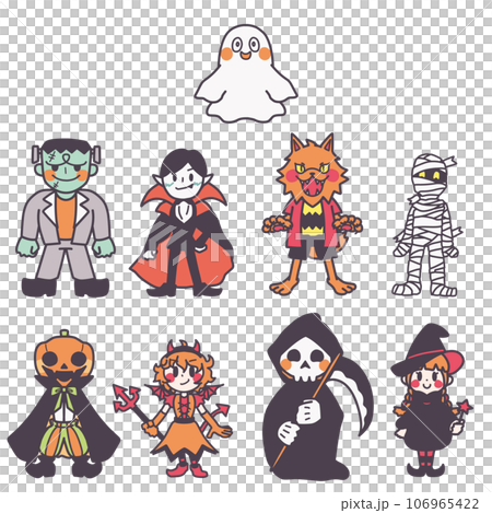 ハロウィンをイメージしたいろんなモンスターのイラストセット(笑顔1) 106965422