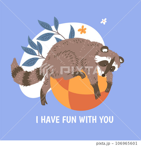 Squared banner with cute funny raccoon on ball flat style Squared banner with cute funny raccoon on ball flat style 106965601