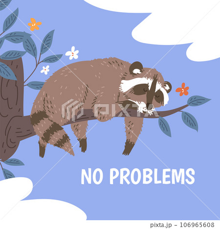 Squared banner with raccoon sleeping on branch flat style, vector illustration 106965608