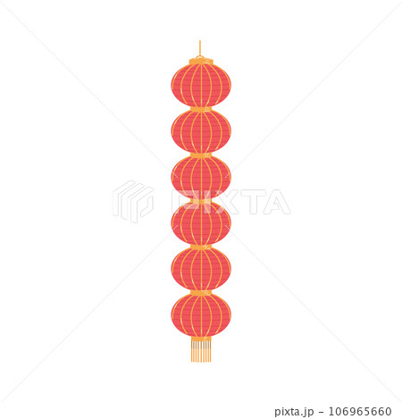 Vector isolated illustration of Japanese or Chinese paper lantern in long form of many circles with lace and braid in red yellow color 106965660