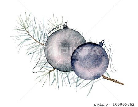 Christmas xmas balls, pine branches and cones. New Year watercolor background. Decorative background for header or greeting card. Watercolor hand painting illustration on isolate white background Christmas xmas balls, pine branches and cones. New Year watercolor background. Decorative background for header or greeting card. Watercolor hand painting illustration on isolate white background 106965662