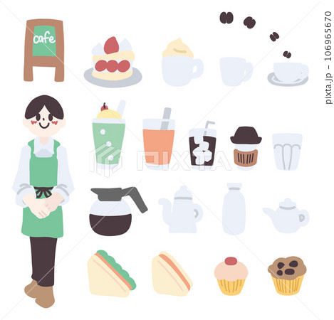 カフェをイメージした人物や飲み物や食べ物などの小物カラーイラストセット カフェをイメージした人物や飲み物や食べ物などの小物カラーイラストセット 106965670