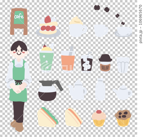 カフェをイメージした人物や飲み物や食べ物などの小物カラーイラストセット カフェをイメージした人物や飲み物や食べ物などの小物カラーイラストセット 106965670