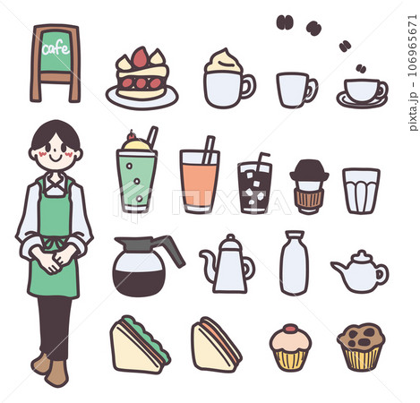 カフェをイメージした人物や飲み物や食べ物などの小物カラーイラストセット カフェをイメージした人物や飲み物や食べ物などの小物カラーイラストセット 106965671