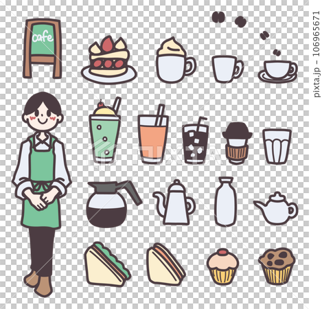 カフェをイメージした人物や飲み物や食べ物などの小物カラーイラストセット カフェをイメージした人物や飲み物や食べ物などの小物カラーイラストセット 106965671
