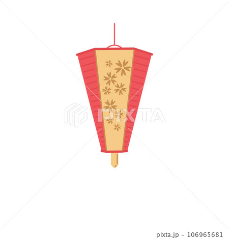Vector illustration of Japanese or Chinese paper lantern with floral design hexagonal shape tapering towards the bottom in red yellow colors, isolated on white background 106965681
