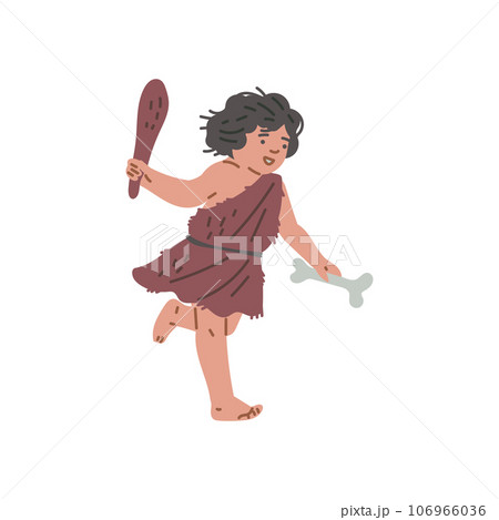 Running primitive cave happy kid girl with a bone and a club in hands, vector hand drawn Stone age isolated illustration 106966036