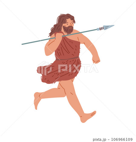Prehistoric primitive caveman stands with spear, warrior running and aiming, vector hand drawn Stone age illustration Prehistoric primitive caveman stands with spear, warrior running and aiming, vector hand drawn Stone age illustration 106966109