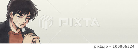 手描きイラストバナー・拳を握って泣く、昭和の二枚目学生 106966324