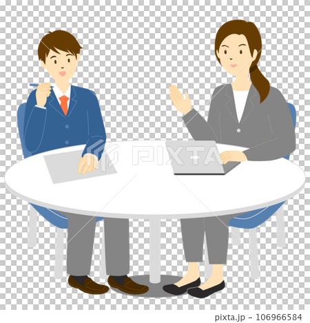 Illustration of a woman in a suit explaining to a male student 106966584
