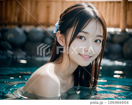 美少女　露天風呂 AI画像 温泉の露天風呂に入浴中の若い女性のイラスト素材 ...