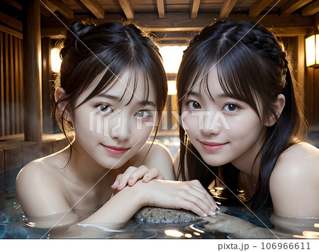 AI画像　温泉の露天風呂に入浴中の若い女性二人 106966611