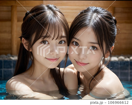 AI画像　温泉の露天風呂に入浴中の若い女性二人 106966612