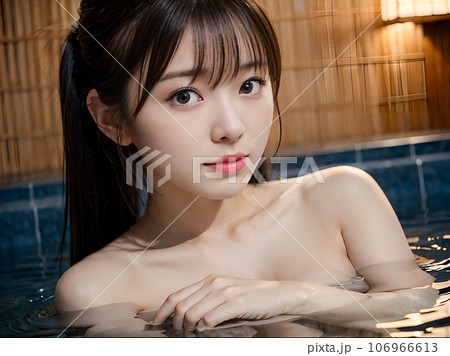 AI画像　温泉の露天風呂に入浴中の若い女性 106966613