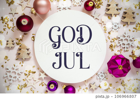 Text God Jul, Means Merry Christmas, Purple Flatlay Christmas Decor Text God Jul, Means Merry Christmas, Purple Flatlay Christmas Decor 106966807