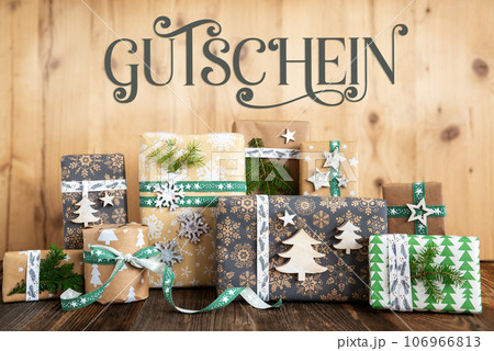 Text Gutschein, Means Voucher, Rustic, Eco Christmas Background Text Gutschein, Means Voucher, Rustic, Eco Christmas Background 106966813