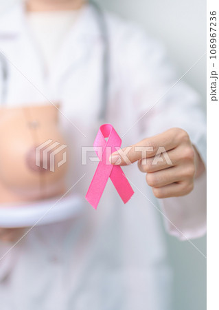 Pink October Breast Cancer Awareness month, doctor woman with pink Ribbon and Breast Anatomy model. National cancer survivors month, health diagnosis, Mother and World cancer day concept 106967236
