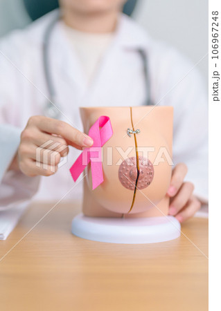 Pink October Breast Cancer Awareness month, doctor woman with pink Ribbon and Breast Anatomy model. National cancer survivors month, health diagnosis, Mother and World cancer day concept 106967248