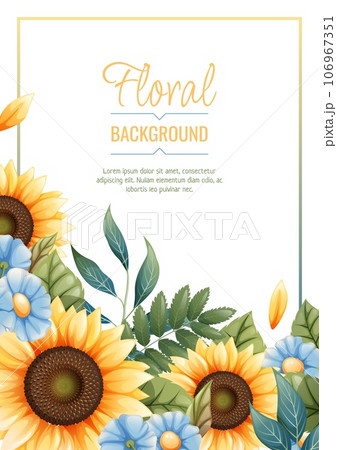 Greeting card template with sunflowers, blue daisies. Flyer, banner with autumn wildflowers. Design for wedding invitation and party. Greeting card template with sunflowers, blue daisies. Flyer, banner with autumn wildflowers. Design for wedding invitation and party. 106967351