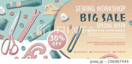 Banner template for sewing workshop. Discount coupon with sewing items. Pattern, template, buttons, thread. Poster for sewing courses, schools, shops, ateliers. Discounts on products and services 106967444