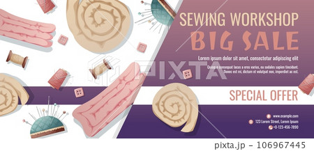 Banner template for sewing workshop. Discount coupon with sewing items. Pincushion, fabric, threads. Poster for tailoring courses, schools, shops, ateliers, light industry. Banner for sale of good 106967445