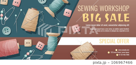 Banner template for sewing workshop. Discount coupon with sewing items. Pattern, template, buttons, thread. Poster for sewing courses, schools, shops, ateliers. Discounts on products and services 106967466