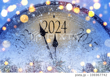 Countdown to midnight. Retro style clock counting last moments before Christmas or New Year 2024 106967742