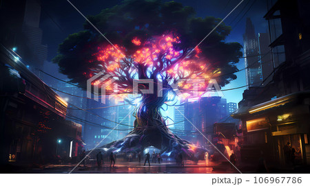 Cyberpunk Retro Futuristic Tree with Neon Lights 106967786